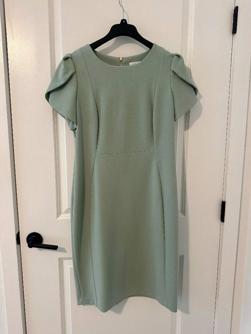 Calvin Klein Sage Green Tulip Sleeve Sheath Dress Size 12 Gold Zip Career